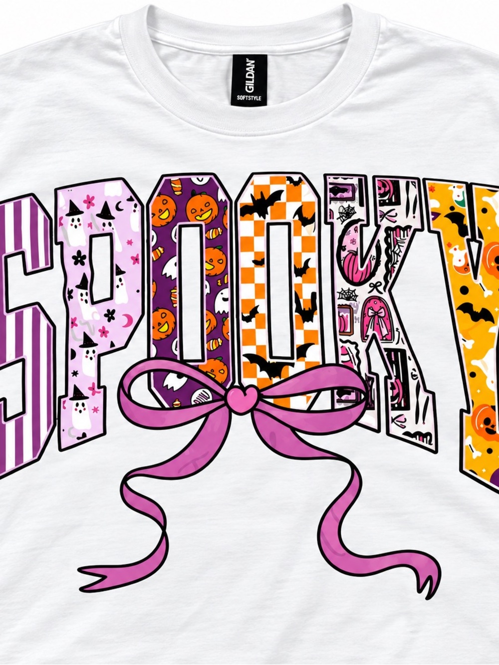 Gildan White Tee with Colorful Halloween 'SPOOKY' Lettering and Pink Bow